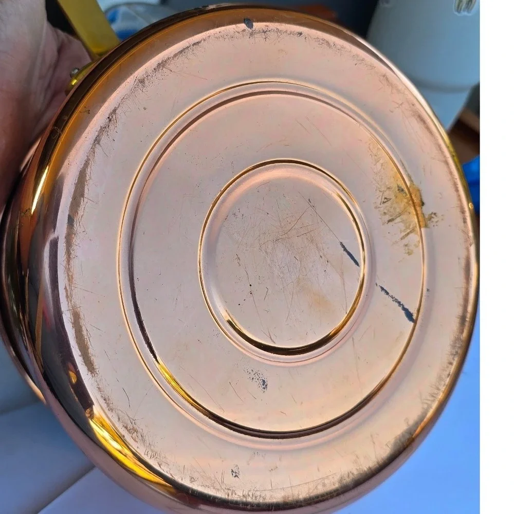 Vintage Copper Saucepan with Lid Stainless Steel Lined Brass Handles 7 Inch
